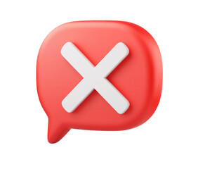 3D red speech bubble with white X icon on transparent background, PNG