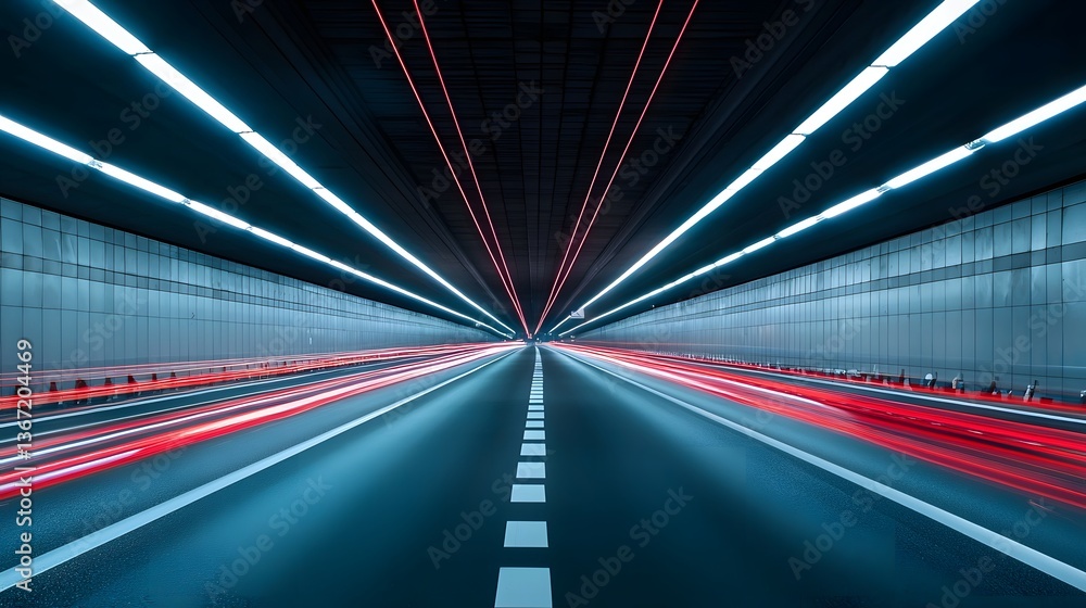 Poster captivating nighttime scene of a highway tunnel with vibrant red and white light trails created by t