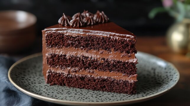 a decadent slice of devil s food cake featuring moist rich chocolate layers a glossy dark chocolate glaze,a smooth chocolate filling perfect for indulgent dessert lovers