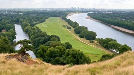 Panoramic View of Green Hills and River with City Skyline in the Distance under a Cloudy Sky