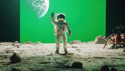 Astronaut waving on the moon with Earth visible against a vibrant green backdrop.