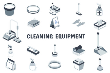 Cleaning Equipment Flat Vector Illustration Icon Sticker Set Design Materials