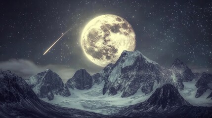 Majestic Snowy Mountains Under a Bright Moon and Starry Sky at Night