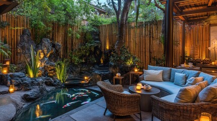 Obraz premium A serene outdoor patio with a bamboo fence, a koi pond, and lush greenery creating a peaceful retreat.