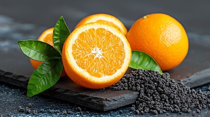 Juicy oranges with black seeds, and slate.
