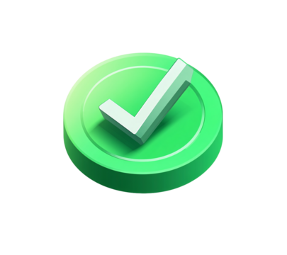 3D icon of a checkmark in a green circle on a transparent background
