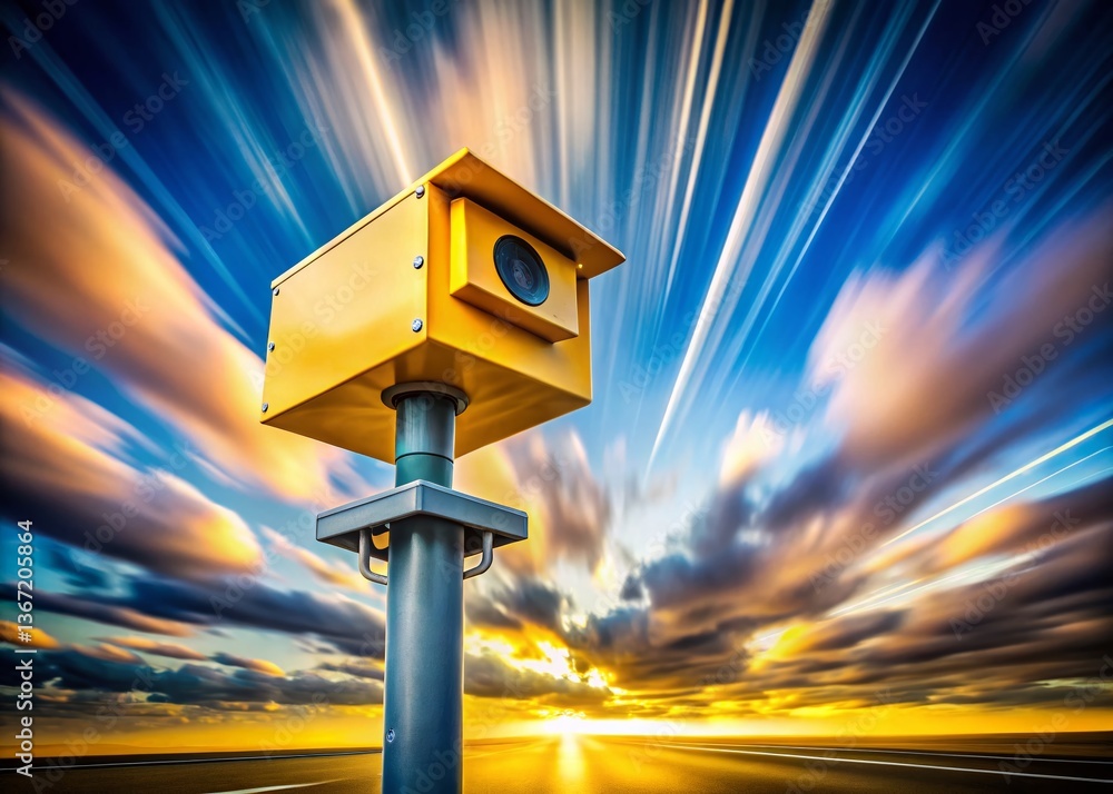 Poster abstract architecture: yellow speed camera & fast cloudscape
