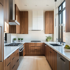 Fototapeta premium Modern kitchen interior with sleek cabinets, appliances, and contemporary design featuring wood accents and a granite counter