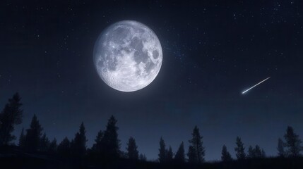Bright Full Moon Illuminating Starry Night Sky Over Dark Forest Landscape