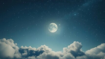 Bright Full Moon Illuminating Clouds in a Tranquil Night Sky with Sparkling Stars in Background