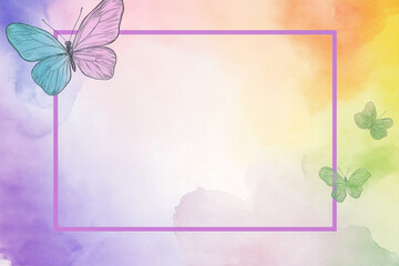 Watercolor frame with an empty middle and gradient background, butterfly in flight