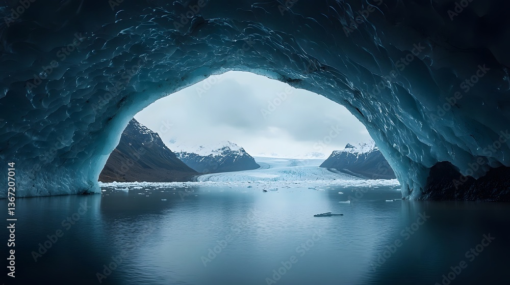 Poster mesmerizing blue hued icy tunnel carved through a towering glacier creating a captivating and serene