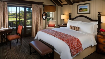 A comfortable bedroom with an outside view and elegant furnishings