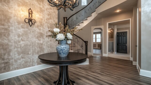 A sophisticated foyer with a round dark wooden table, topped with an elegant porcelain floral vase.