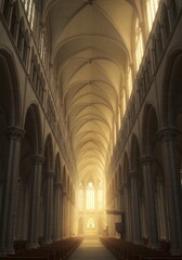 Fototapeta premium Majestic church architecture, vaulted ceilings, warm light, empty pews