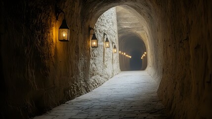 Fototapeta premium Narrow and ancient mining tunnel with flickering lanterns illuminating the subterranean depths creating a mysterious and eerie atmosphere in the underground cavern