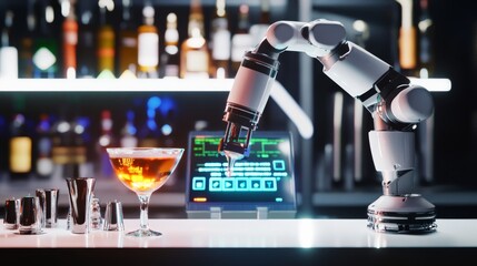 An AI powered robotic bartender, analyzing real-time customer preferences and crafting personalized drinks while interacting through a touchscreen interface, glowing drink-making interface