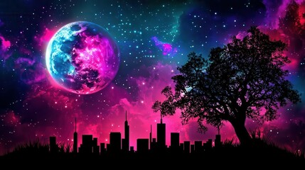 Colorful Silhouette of a City Skyline Under a Vibrant Cosmic Moonlit Sky at Night