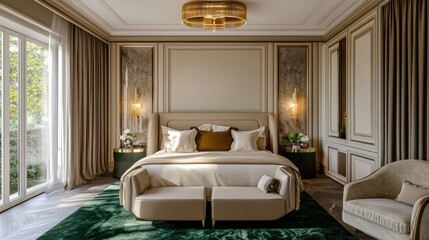 A stylish guest room with soft egg cream bedding, golden bedside lamps, and a jade green area rug for charm.