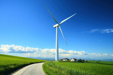 Fototapeta premium Wind turbines in a green field with blue sky and summer landscape, symbolizing renewable energy and ecology