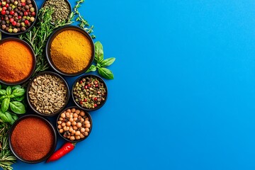 Colorful Spices  Herbs on Blue.