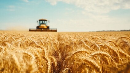 Fototapeta premium harvesting season on golden wheat field under a clear blue sky with modern agricultural machinery