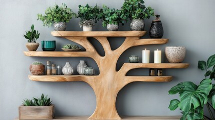 A wall-mounted tree-shaped shelf elegantly displaying tiny planters, candles, and unique decorative pieces.