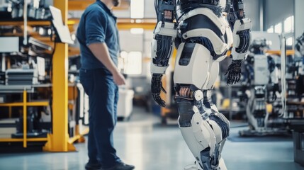 An AI powered robotic exoskeleton assisting a worker in a high tech factory, futuristic industrial workspace, precision engineering