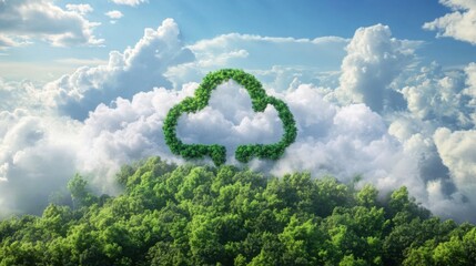 Conceptual Green Leaf Cloud Computing Icon floating above Lush Forest Landscape and Blue Sky