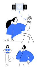 Person monitoring health insights on smartwatch, practicing yoga, reflecting on progress. Ideal for fitness, wellness, mindfulness, technology, self-care healthcare healthy habits. Flat simple