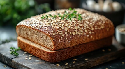 a rustic whole grain bread loaf with a deep golden brown crust,dense texture perfect for healthy meals sandwiches or pairing with soups,spreads
