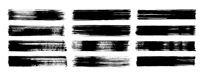 Straight line grungy vector brush strokes. Black hand drawn stripes, smears. Chinese or Japanese calligraphy brushstroke set. Rough grunge thick paint line texture. Vintage sketch rectangle text boxes