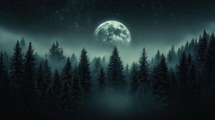 Mysterious Night Landscape with Full Moon Illuminating Forest Silhouette and Starry Sky
