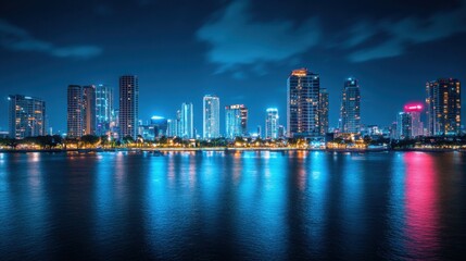 City skyline reflecting in water at night