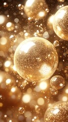 Golden spheres, bokeh lights, abstract background.