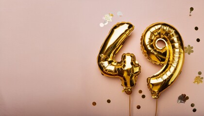 Banner with 49 number golden balloons with pastel background, copy space. Generated image