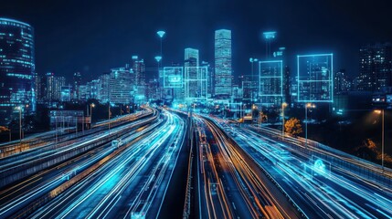 Fototapeta premium Futuristic city skyline with 5G connection and transportation light trails