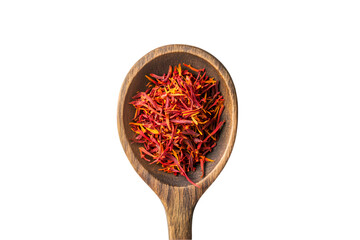 Saffron spice in wooden spoon on black background