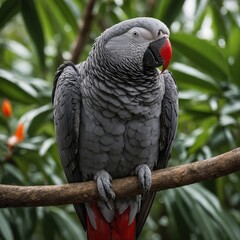 Obraz premium African Grey Parrot beautiful grey parrot African grey parrot on a branch in lush jungle Grey parrot perched in jungle.