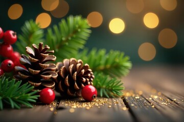Elegant gold glitter, pine cones, red berries, bokeh, festive, lights, holiday