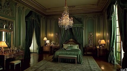 An opulent bedroom decorated with lavish furniture and rich green fabrics