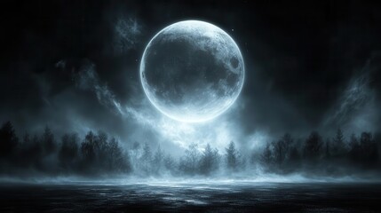 Fototapeta premium Eerie Moonlit Night Over a Dark Forest Reflecting on Still Water Under Soft Clouds