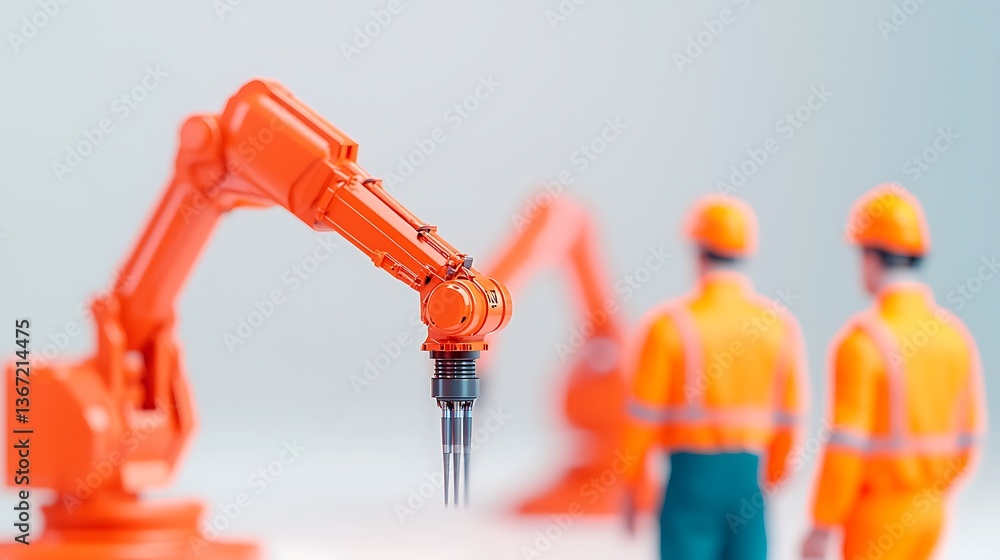 Poster a close-up of an orange robotic arm in a factory setting, with two workers in the background, highli