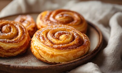 Fototapeta premium freshly baked cinnamon Danishes arranged on a rustic ceramic plate, Generative AI