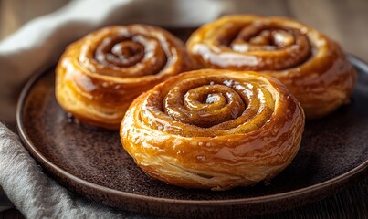 Fototapeta premium freshly baked cinnamon Danishes arranged on a rustic ceramic plate, Generative AI