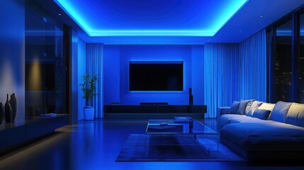 Living room interior with a couch and blue lighting