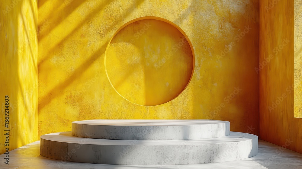 Poster abstract pedestal of platform display with modern stand podium on yellow room background blank exhib