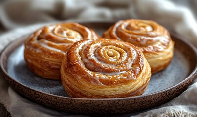 Fototapeta premium freshly baked cinnamon Danishes arranged on a rustic ceramic plate, Generative AI