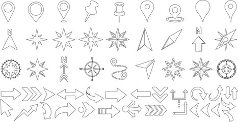 Navigation icons, map pointers, compass symbols, arrows, and directional signs in outline. Perfect for maps, wayfinding, GPS, and travel related designs with vector style graphics