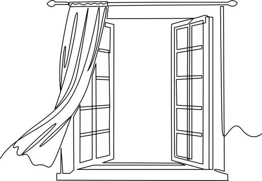 An open window with a gentle breeze one line art vector